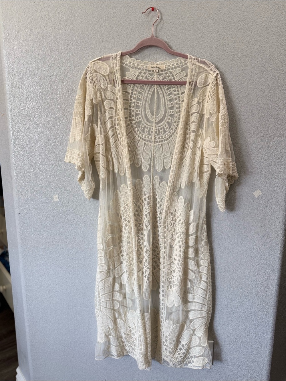 Boho Lace Mesh Kimono Cover Up One Size Ivory Crochet Embroidered Duster - Picture 2 of 3